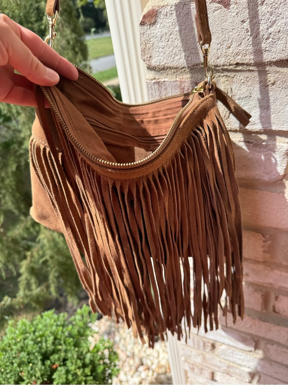 Chico's Suede Fringe Crossbody in Cognac Brown